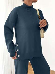 EURMUSE Women Asymmetrical And Button Detailed Hem High Neck Sweater And Sweater Pant Two Pieces Outfits Co-Ords,Loungewear Set,Petite,Winter Clothes - Navy Blue - View 3