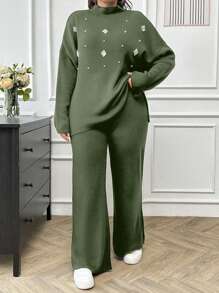 SHEIN Cottnline Women's Pearl Beaded Knit Sweater 2pcs/Set - Mint Green - View 5