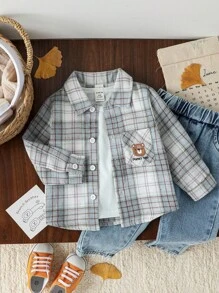 SHEIN Baby Boy Cute Beige Bear Embroidery Plaid Long Sleeve Shacket,Fashionable Autumn Button Up Shirt,Casual Fall Winter Jacket For Daily Outings,Club - Multicolor - View 3