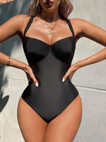 Shapewave 女式露背收腹连体泳衣，优雅休闲，适合春夏海滩度假、派对 - 黑色 - 查看 10