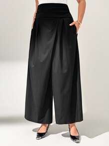 Auralis Plus Size Business Casual Work Women Office Teacher Airport Summer And Autumn New Fashion Casual Commuting Business High Waist Waist Pleated Design With Pockets Long Wide Leg Pants,Wide Leg Pants