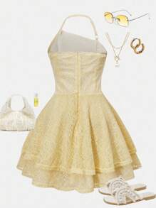 Lunivi Teen Girls Casual Spaghetti Strap Ruffled Snug Fit Dress, Suitable For Beach Vacation & Banquet
