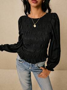 Poéselle 女式纯色圆领休闲百搭长袖上衣 - 黑色 - 查看 4