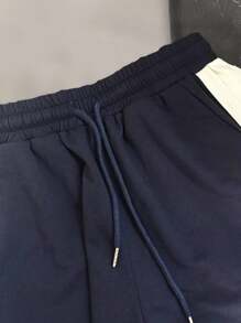 INAWLY 女士撞色翻领骑士图案印花短袖T恤和短裤休闲套装夏季 - 藏蓝色 - 查看 3