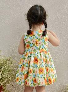 Blossori Baby Girls' Countryside Vacation Bow Decor Yellow Flower Sleeveless Dress - Multicolor - View 2