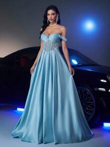 Glamrae Váy Maxi đuôi cá chữ A đính cườm lưới xuyên thấu sang trọng màu xanh da trời thanh lịch có cổ áo jacquard có đính hạt và cạp chun có thể điều chỉnh, phù hợp cho các buổi hẹn hò, sinh nhật, sự kiện trang trọng, đám cưới, tốt nghiệp, dạ hội, tiệc tối - Màu xanh nhạt - Xem 8