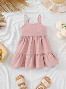Travachic KIDS Babygirl 可爱夏日假日粉色纹理宽松吊带连衣裙 - 粉色 - 查看 4