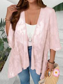 EMERY ROSE Plus Size Women Spring/Summer Casual Vacation Style Jacquard Flared Sleeve Asymmetrical Hem Sheer Jacket,Fall Women Clothes - Pink - View 6