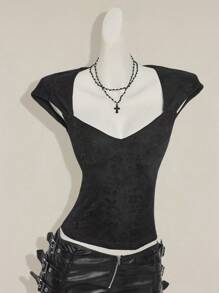 SHEIN ICON Áo thun hở lưng gợi cảm ren ghép cho nữ, áo phông đen cơ bản thường ngày - màu đen - Xem 4