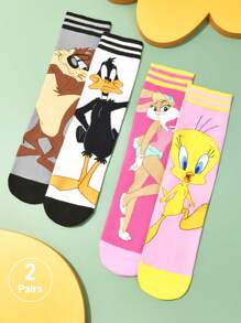 LOONEY TUNES X SHEIN 2 đôi tất dài đến bắp chân mềm mại, thoáng khí, thấm mồ hôi, họa tiết sọc hoạt hình, thời trang và dễ thương, màu xám và hồng, mũi và gót được gia cố để tăng độ bền, phù hợp cho cả nam và nữ, mọi mùa, mọi phong cách - Nhiều màu - Xem 2