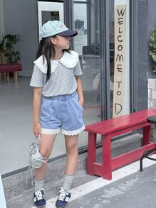 SHEIN Girl(Plus Size)Peter Pan Collar Blue Striped Polka Dot Blouse,Comfortable Denim Shorts T-Shirt Set,Black And White,Summer,Cute,School,Back-To-School - Blue - View 1