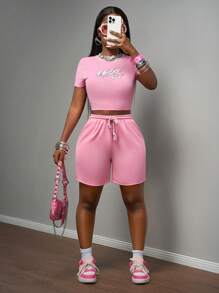 Slaydiva 2025-Bộ đồ thể thao đơn giản, giản dị, cổ tròn, tay ngắn, in logo, màu hồng, phong cách xuân hè mới, áo phông ngắn + quần bốn điểm, màu hồng, đỏ, hoa hồng, bộ đồ hai mảnh - Bộ đồ hai mảnh màu hồng dành cho nữ - Hồng - Xem 7