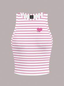SHEIN EZwear 粉色条纹心形图案圆领修身女式背心，休闲简约，适合夏季