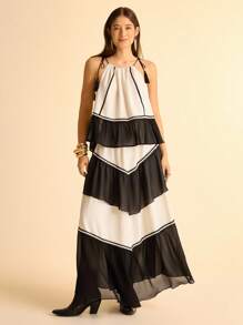 CAJUNI Women's Boho Style Summer Vacation Beach Casual Tropical Color Block Long Skirt, Layered Contrast Color Trim Skirt