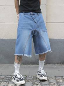Manfinity EMRG Pantaloni scurți din denim pentru bărbați, cu tiv zdrențuit, lejeri, casual, de 5 inci