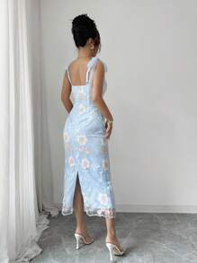 Rafferiza 女士刺绣网眼优雅下午茶日常外出迷你连衣裙，肩部收腰修身后开衩蓝色无袖中长连衣裙 - 藍色 - 查看 4