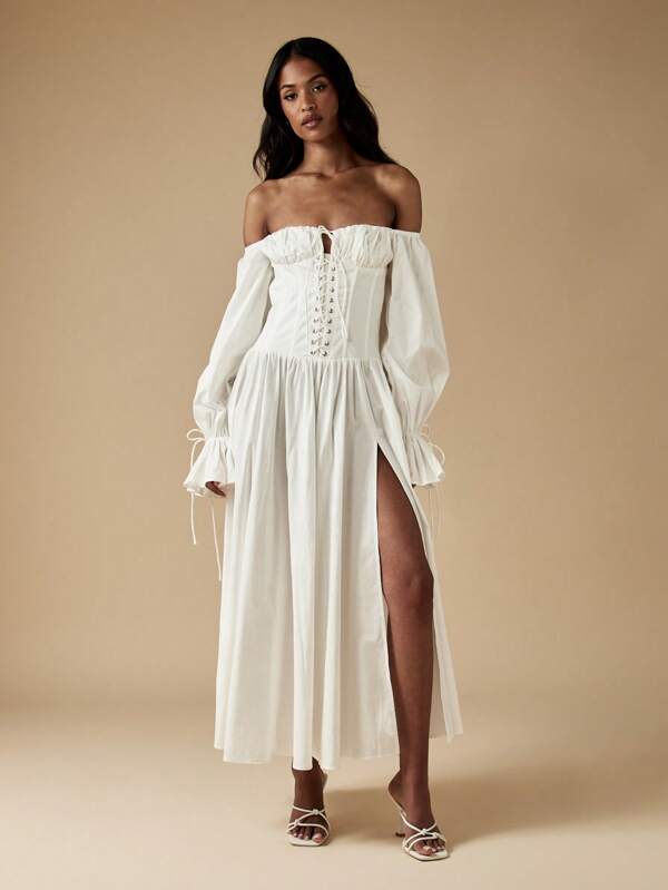 MISSGUIDED Rochie de seară cu corset și mâneci balon, cu crăpături înalte, din bumbac, stil victorian, renascentist, pentru festival, primăvară-vară, rochie formală pentru invitați de nuntă