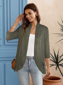 EMERY ROSE Cárdigan casual sólido de apertura frontal y manga 3/4 de estilo holgado para mujer