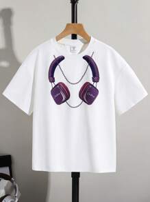 Tween Boys' Casual Everyday Versatile Comfortable Graphic Print Loose Fit Round Neck Short Sleeve Knit T-Shirt - White - View 2