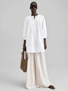 Ontre Vestido casual y elegante de mujer con cuello en V, mangas farol, ribete de volantes. Vestido minimalista y elegante color blanco corte evasé