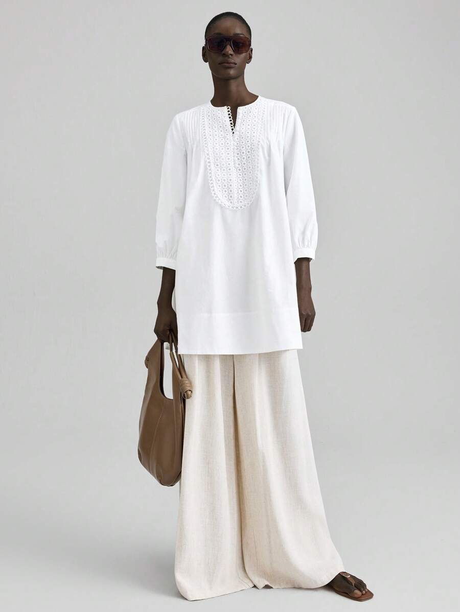 Ontre Vestido casual y elegante de mujer con cuello en V, mangas farol, ribete de volantes. Vestido minimalista y elegante color blanco corte evasé