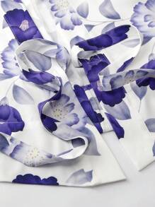 Irokai Women's Traditional Floral Print Yukata White,Summer,Jamican,Modest,Traditional,Vacation,Holiday Japanese Style Kimono Robe With Bell Sleeve Bowknot - Blue and White - View 7