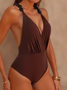 Swim Chiccia 1pc Women's Solid Color Elegant Gathered Tie Neck Asymmetrical Faux Pearl Decor Backless High Collar One-Piece Swimsuit For Summer Beach Vacation