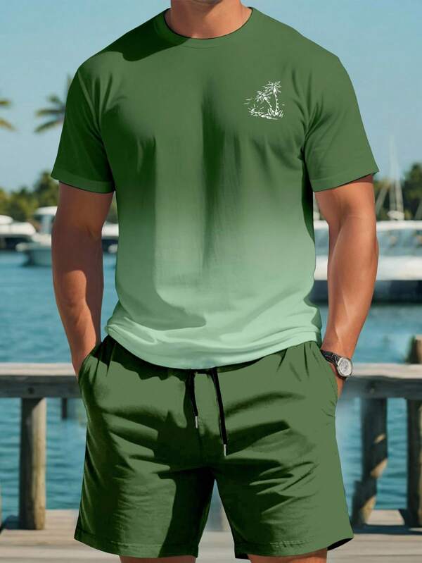 Manfinity RSRT Men's Palm Tree Graphic Round Neck Short Sleeve Casual T-Shirt And Drawstring Waist Shorts Set Green Two Piece Set Men Men Two Piece Casual Short Sets
