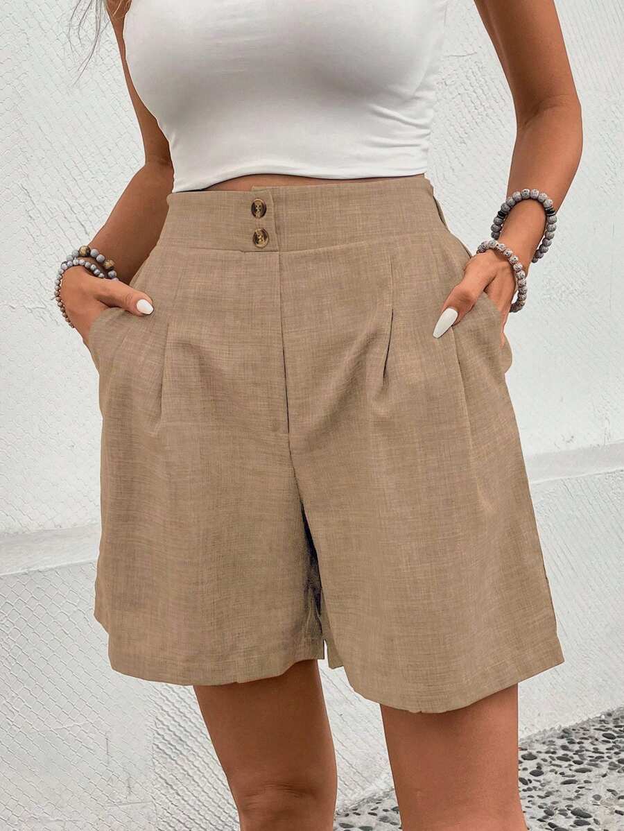 EMERY ROSE Casual Solid Color Loose Shorts, Summer - Khaki - View 1