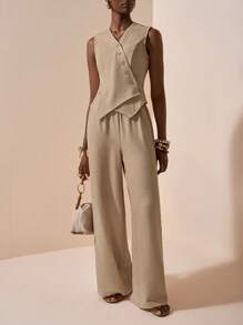 Zivah 2025夏季新款：适合生日派对、返校季、学院风、学生装、日常穿着、基础百搭、休闲、度假、邮轮、沙滩、海边、日光浴、网络流行风格、街头风、优雅、通勤、商务休闲、俱乐部风格、V领无袖、不对称斜开门扣可打开、修身上衣和直筒裤，有真口袋、卡其色纹理面料、夏季套装、女式两件套西装 - 杏色 - 查看 3