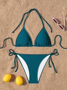 SHEIN Swim 2件套女士休闲度假纯色露背系带比基尼上衣和泳裤 - 水鴨藍 - 查看 1