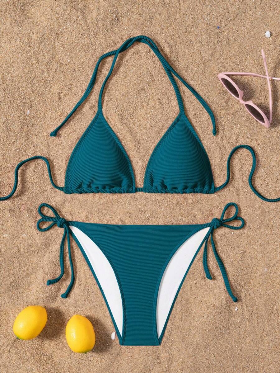 SHEIN Swim 2件套女士休闲度假纯色露背系带比基尼上衣和泳裤 - 水鴨藍 - 查看 1