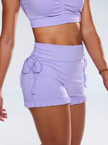 SHEIN Sovereign Charm 女士运动弹性腰部抽绳下摆冰丝面料短裤健身短裤 - 紫色 - 查看 5