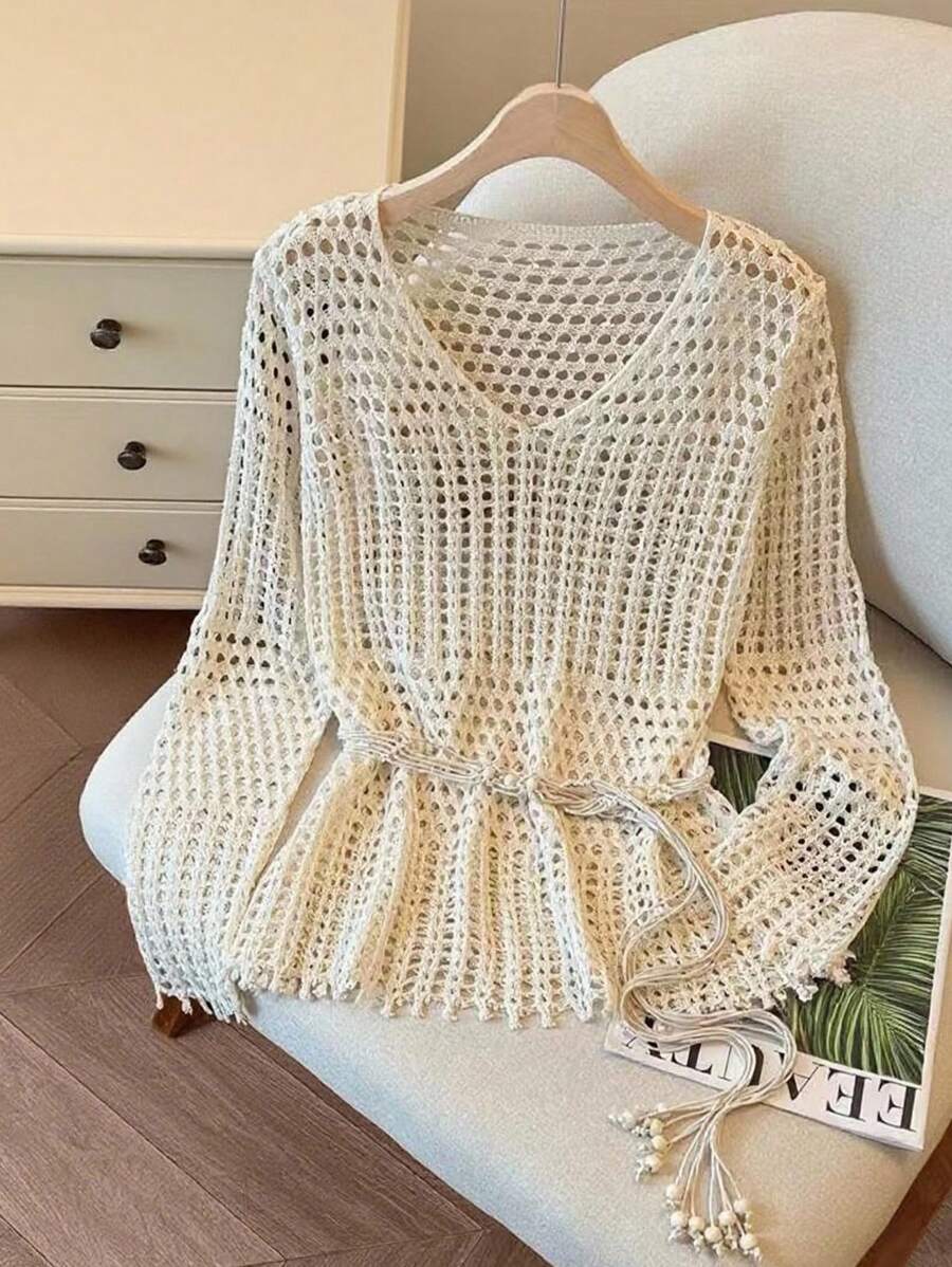 INAWLY Casual Hollow Out Belt Knit Blouse Fall Cloth For Women - Apricot - View 1