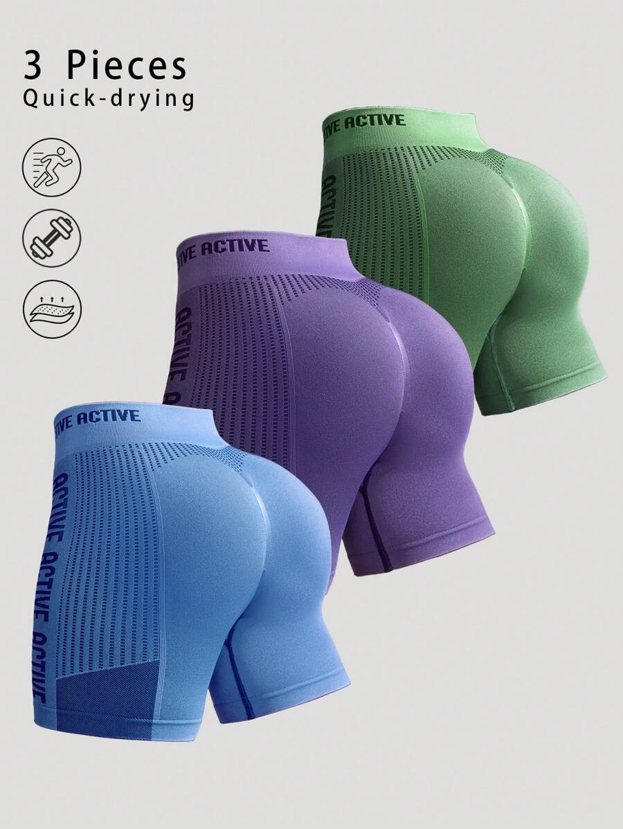 Powerista 字母印花撞色松紧腰紧身夏季运动短裤健身短裤