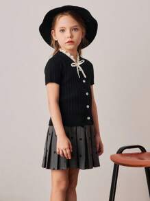 PrepCrw Young Girls Collegiate Style Bow Decor Short Sleeve Knit Cardigan,In Fall/Winter - Multicolor - View 5