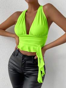 Allurite Blusa de cuello de halter recortada ajustada con efecto arrugado en color verde fluorescente sólido, para el verano y el estilo vacacional de la mujer