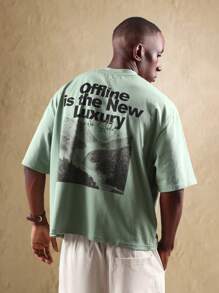 SUMWON Camiseta de lujo con eslogan offline, estampado de montaña, casual oversize, ropa de calle de verano, inspirada en la naturaleza, camiseta gráfica - Verde - Ver 1