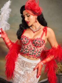 Floral Embroidery Mesh Underwire Bra Lingerie Bridallingerie - Red - View 4