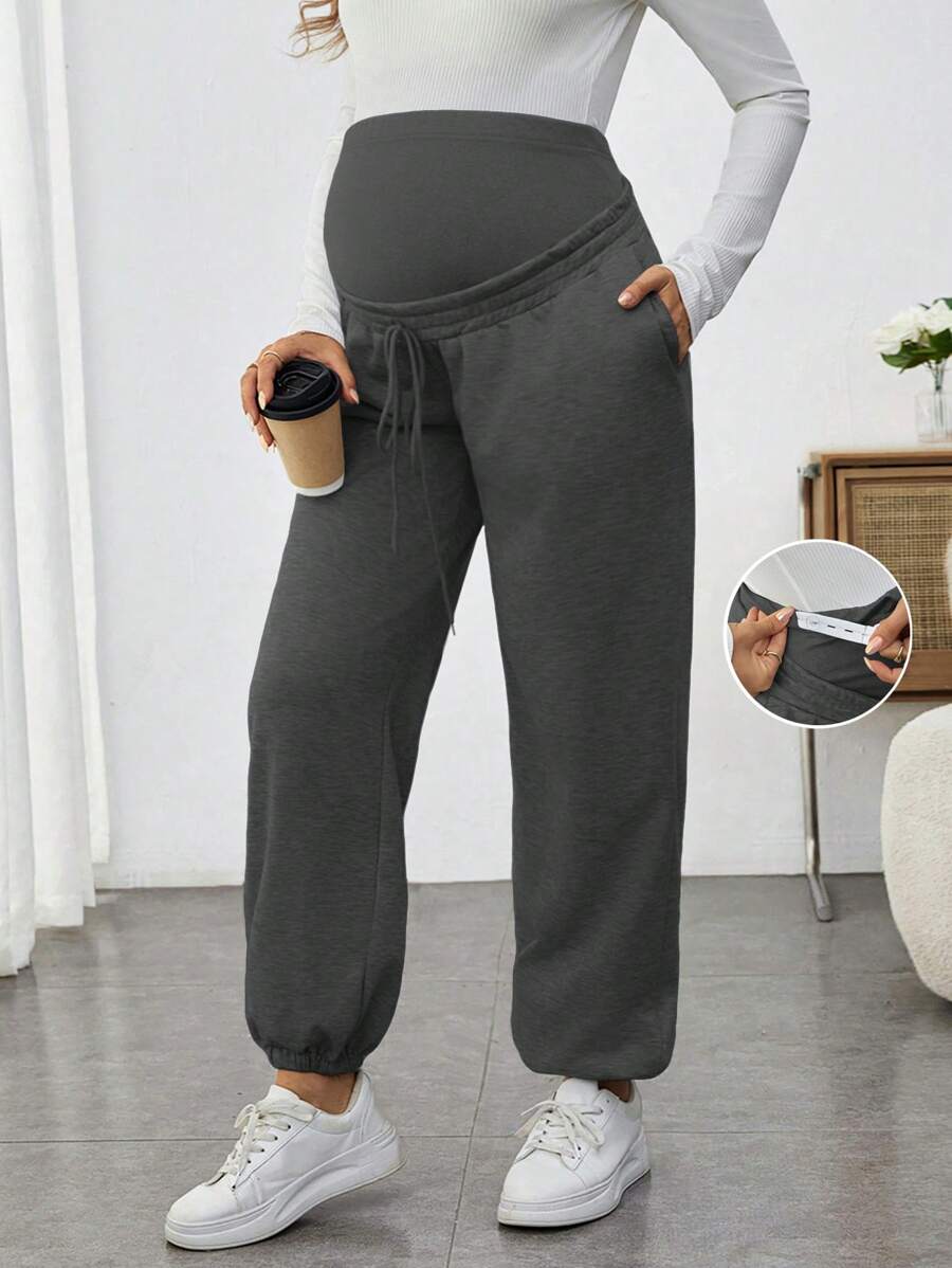 SHEIN Pantalones de maternidad sólidos, cómodos, transpirables, holgados y elásticos - Gris Oscuro - Ver 1