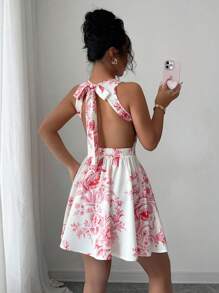 Elenzga Round Neck Random Floral Print Waist Slimming Spring/Summer Resort Sexy Backless Hollow-Out A-Line Floral Ruffle Hem Vintage Luxurious Mini Sleeveless Dress