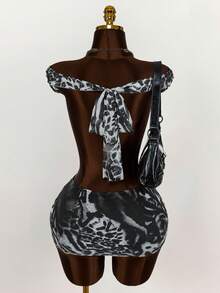 Amplova Enge, rückenfreie Midikleid aus Tigermuster-Mesh mit Kuhltrichter-Ausschnitt und drapiertem Ausschnitt, vielseitiges Design