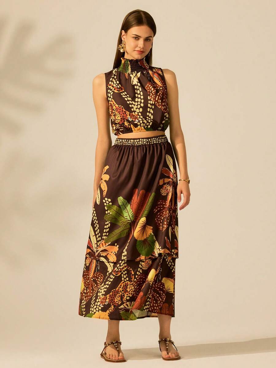 CAJUNI 热带印花双层半身裙，休闲度假装 - 彩色 - 查看 1