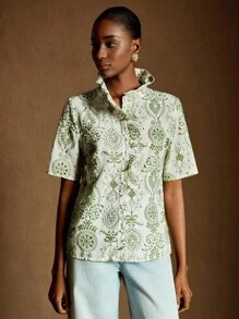 Écloséra Women's Summer Elegant Embroidered Ruffle Collar Blouse