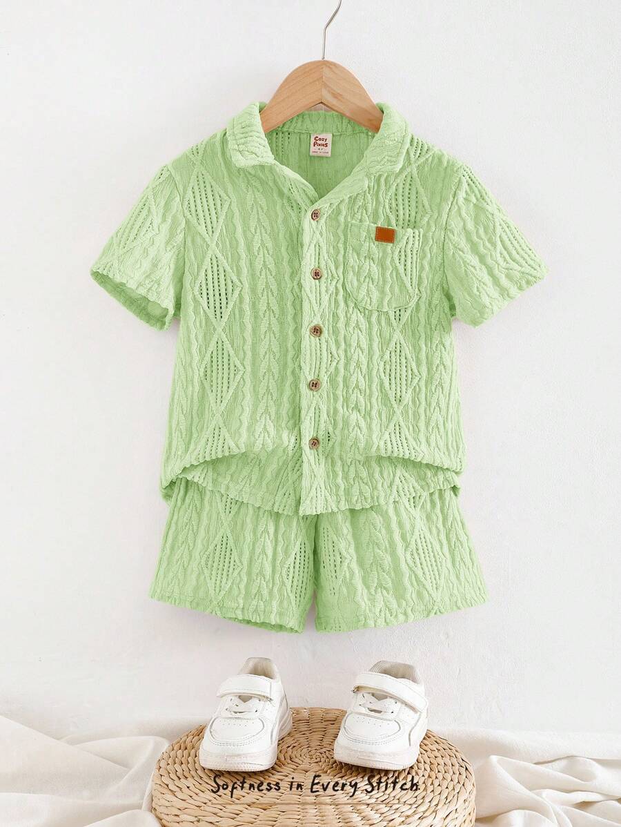 Cozy Pixies Bộ 2 áo cardigan tay ngắn ve trơn cho bé trai và quần short lưng chun - màu xanh lá - Xem 1