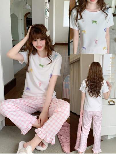 2pcs/Set Teen Girls Cute Elegant Plaid Pattern Pants & Bowknot Decor Short Sleeve Top Sleepwear,Three-Dimensional Colorful Bow, Plaid Ruffles,Children's Girls' Pajamas,Back To School