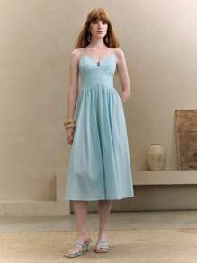 EMERY ROSE Váy dây mảnh màu trơn thanh lịch mùa hè - Màu xanh nhạt - Xem 7