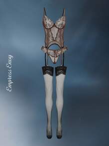 SHEIN 3 件套优雅蕾丝性感透明魅力内衣套装 - 文胸、丁字裤、过膝长袜、女士外出性感内衣 - 咖啡棕 - 查看 4