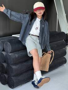 Dazy Kids 女童牛仔上衣，有领子、蝴蝶结和刺绣细节，女童秋季服装 - 藍色 - 查看 3