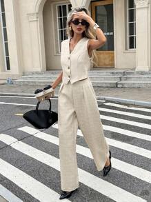 Serisse 2pcs Women Single-Breasted Vest And Pants Set, Solid Color Elegant SummerAsymmetric - Apricot - View 6